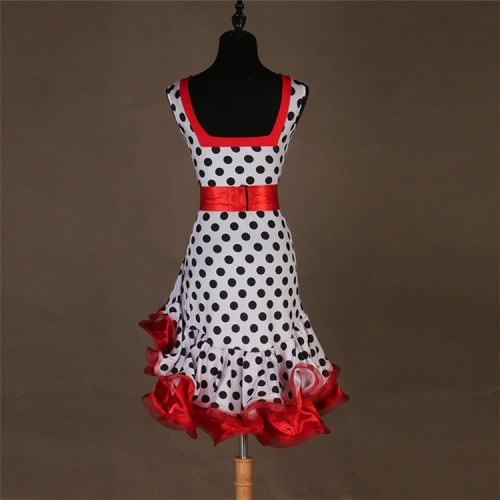 Women's girls red pink polka dot  latin dance dresses  comeptition stage performance salsa rumba chacha dance dresses